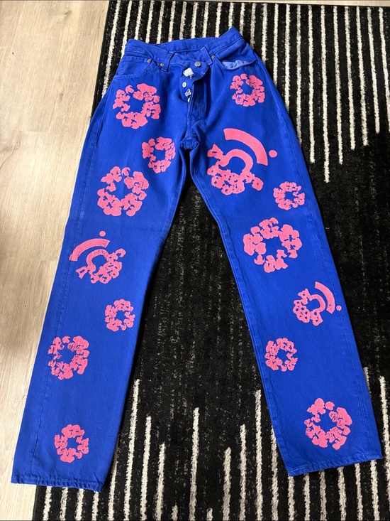 Denim Tears Denim - Bright Blue High-Waist Jeans with Pink Floral Print